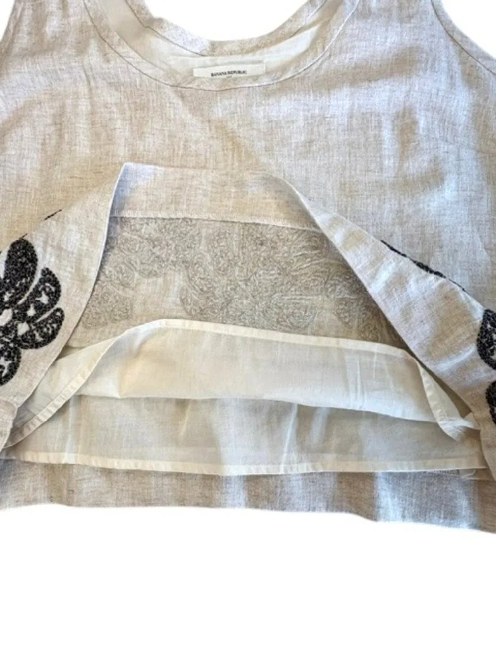 NWT Banana Republic Linen-Blend Embroidered Scoop-Neck Sleeveless Top Large Flax